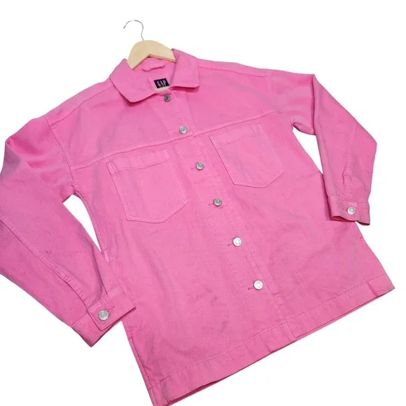 Y2K GAP Denim Jacket Pink Utility Button Oversized Trucker Cargo Streetwear XS - Picture 3 of 15